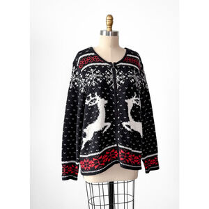 J.Jill Holiday Christmas Reindeer Snowflake Zip Knit Winter Cardigan Fair Isle